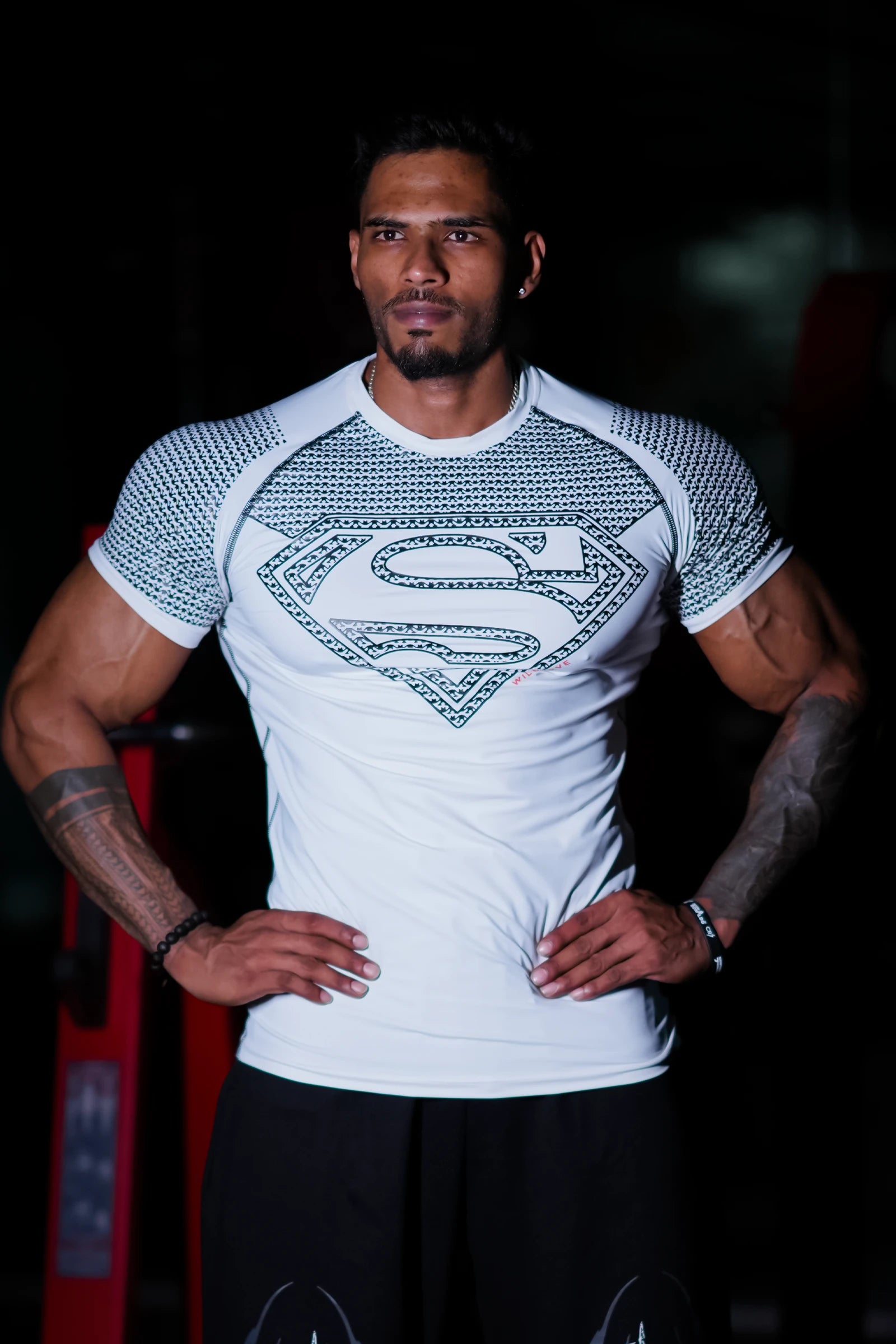 SHADOW SUPERMAN WHITE COMPRESSION TEE – (BLACK PRINT)