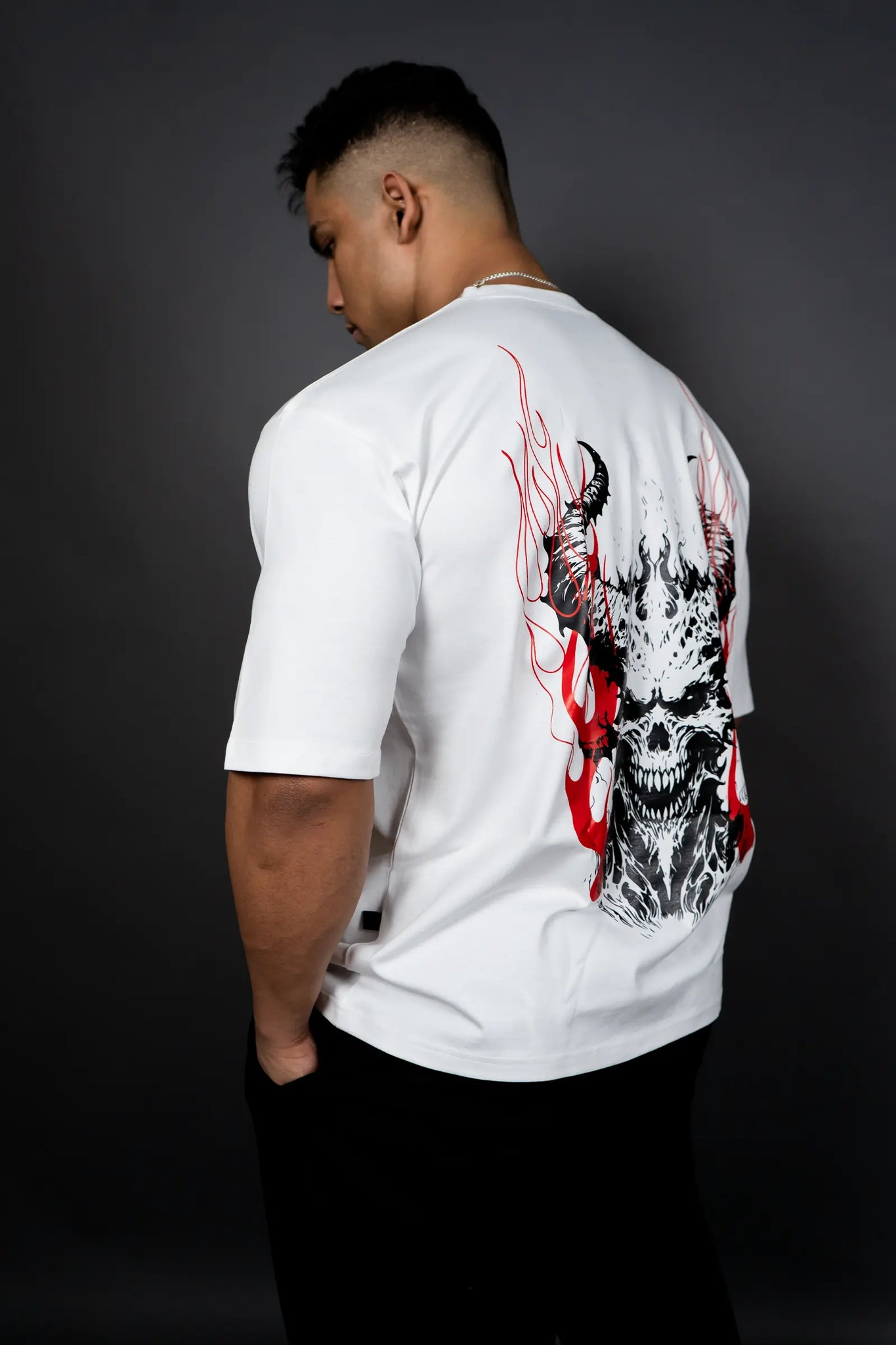 HELL FIRE SKULL OVERSIZED T-SHIRT (WHITE)