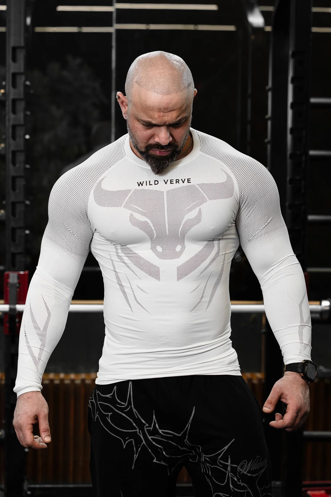 NIGHT PREDATOR COMPRESSION WHITE FULL SLEEVE TEE (BLACK PRINT)