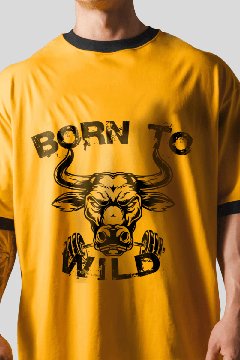 Born To Wild Oversized Black Rib Collar T-shirt (Mustard) - THEWILDVERVE