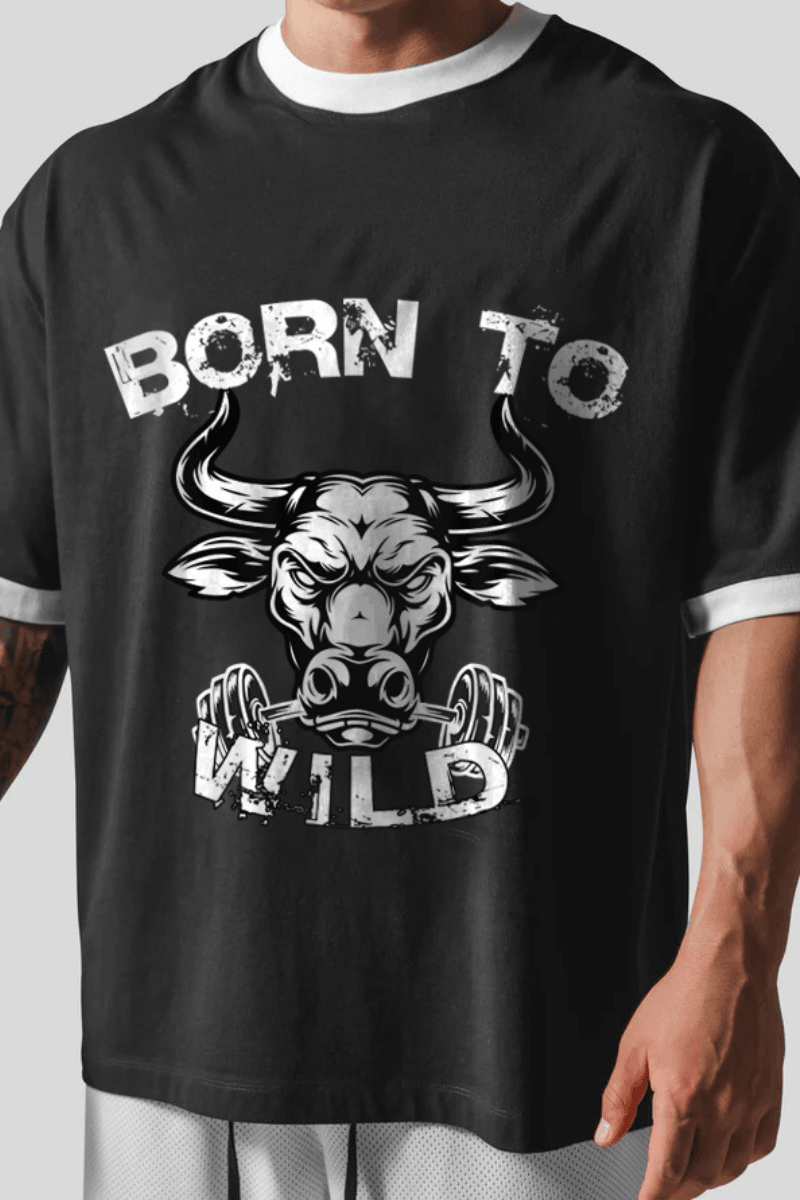 Born To Wild Oversized White Rib Collar T-shirt (Black) - THEWILDVERVE