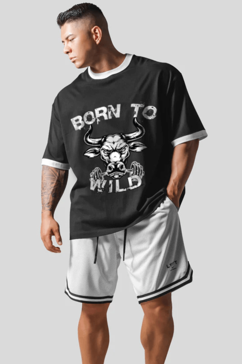 Born To Wild Oversized White Rib Collar T-shirt (Black) - THEWILDVERVE