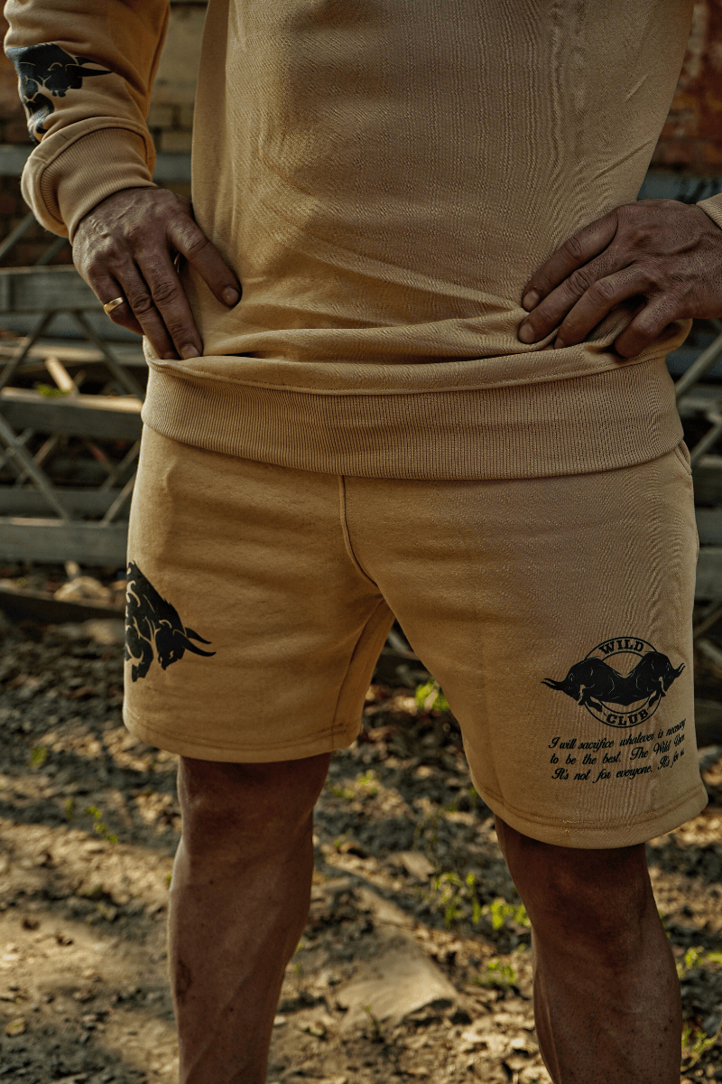 Double Handed Bull Half Zip Shorts Coord (BEIGE) - THEWILDVERVE